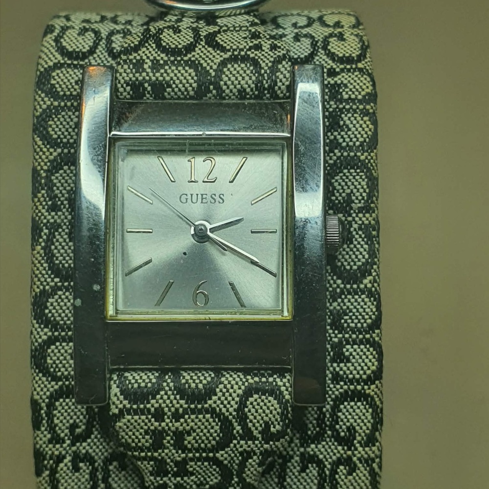 GUESS Women's Silver Dial Fabric Cuff Watch in Black/Cream